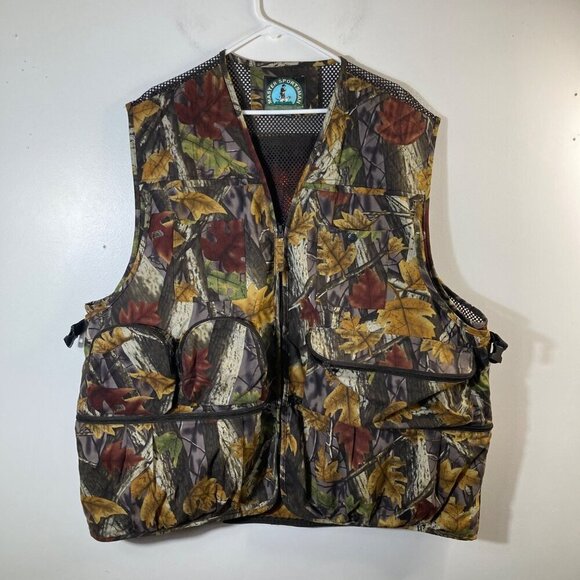 Mens Master Sportsman Camo Hunting Vest Multipocket Back Zip 2XL Brown Green - Picture 1 of 8
